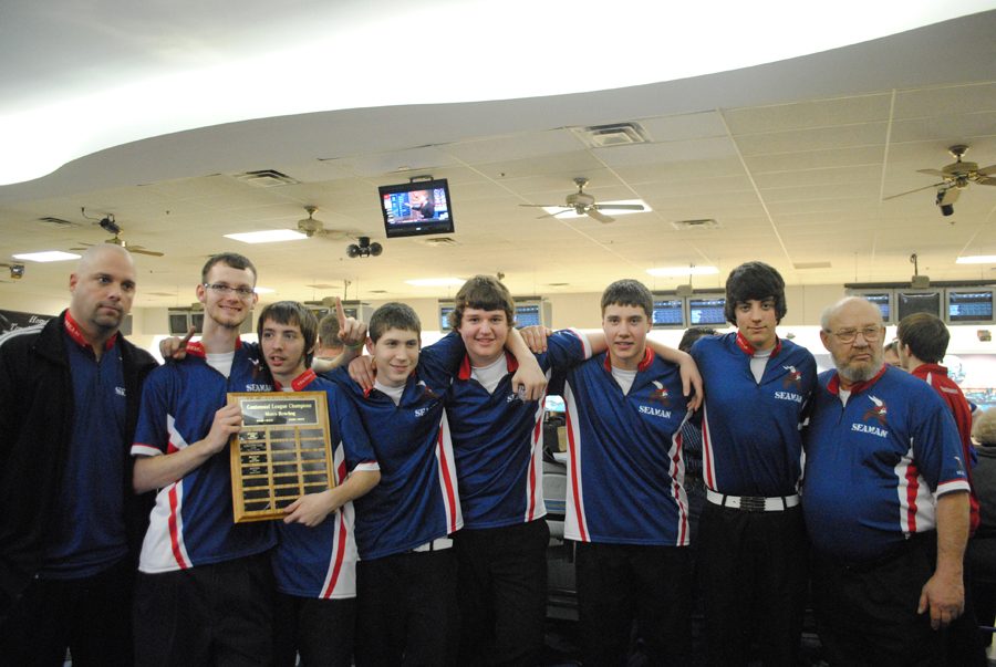 Boys bowling team accepts their Centennial League trophy.  (Photo by Melissa Holler)