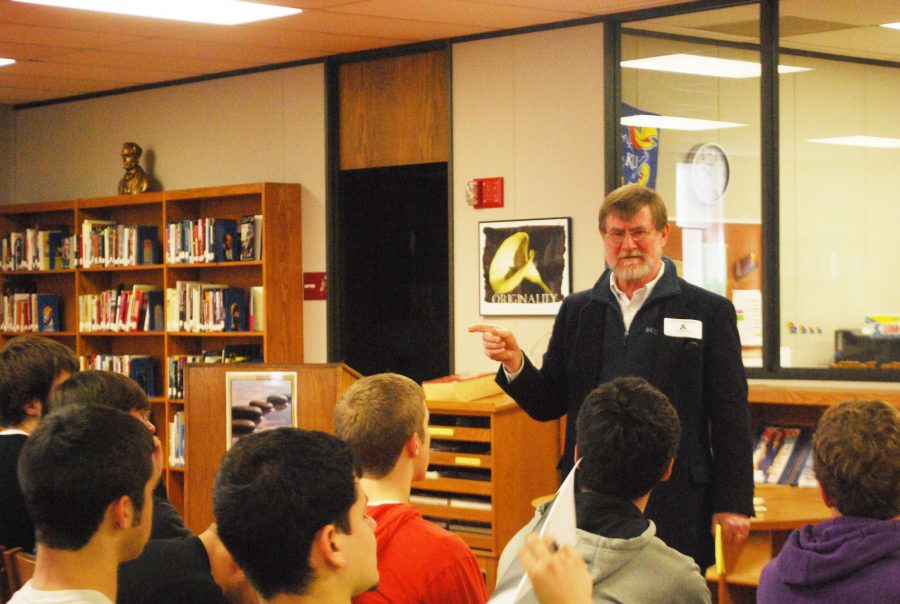 Tom Averill talks to senior AP English students about the famous murder novel from Kansas, In Cold Blood (Photo by Cassidy Henry).