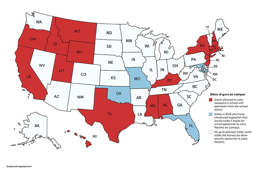 Concealed+carry+and+teachers+having+guns+in+school+has+been+a+major+topic+of+conversation.+This+map+shows+which+states+allow+guns+in+schools