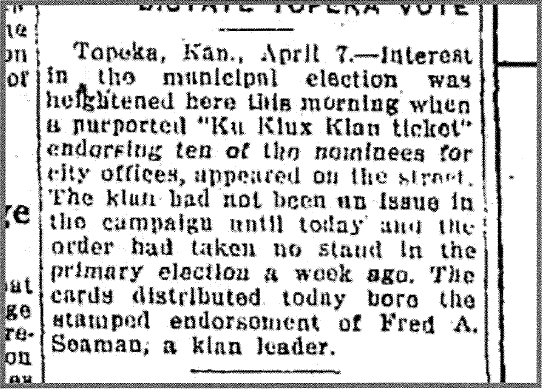 This April 7, 1925 article in the Hutchison News names Fred Seaman as a klan leader. This article can be accessed through Newspapers.com.