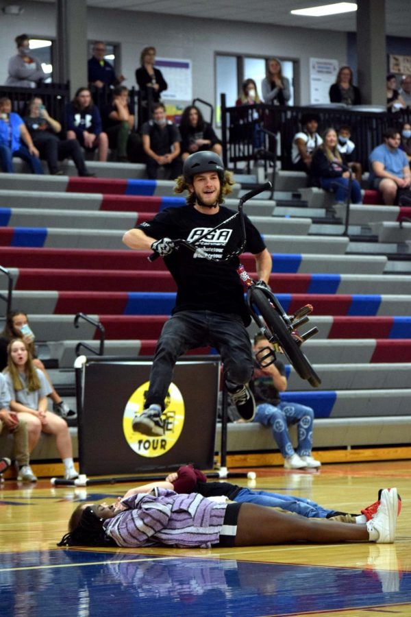 In September, SHS held its first assembly of the year, bringing back the No Hate Tour BMX guys to teach students about bullying and why they shouldnt do it. At this assembly the BMX riders jumped over three students!