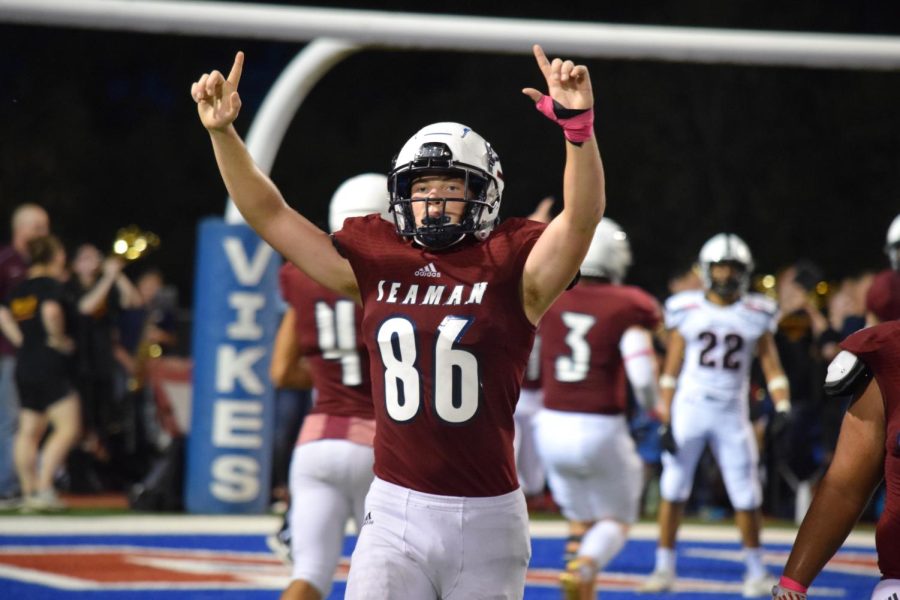Senior Braden Colley celebrates the Vikings scoring a touchdown on the October 8, 2021, game against Emporia. The Vikings stole the game from the Spartans 22-6.
